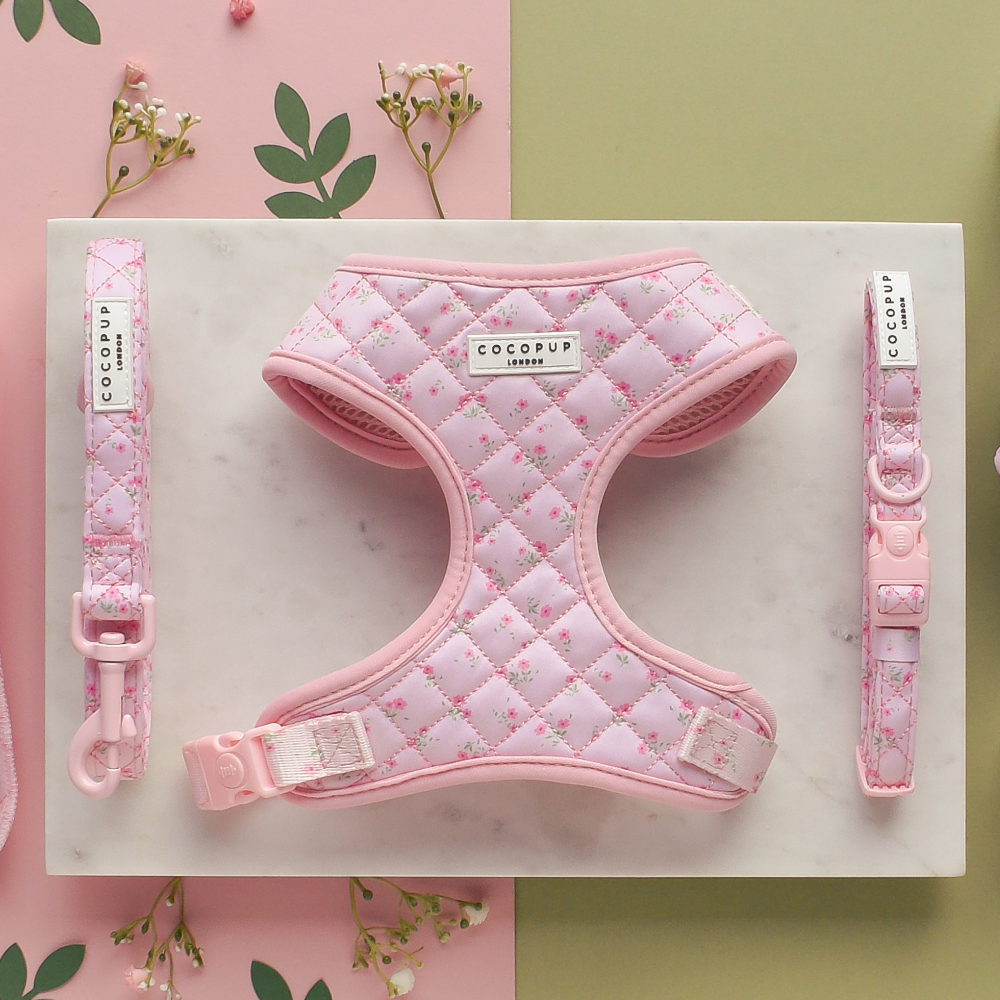 Quilted Ditsy Floral Pink Adjustable Neck Dog Harness, Lead
