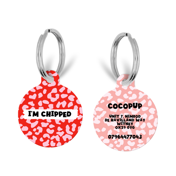 Personalised 'I'm Chipped' ID Tag - Red and Pink Leopard
