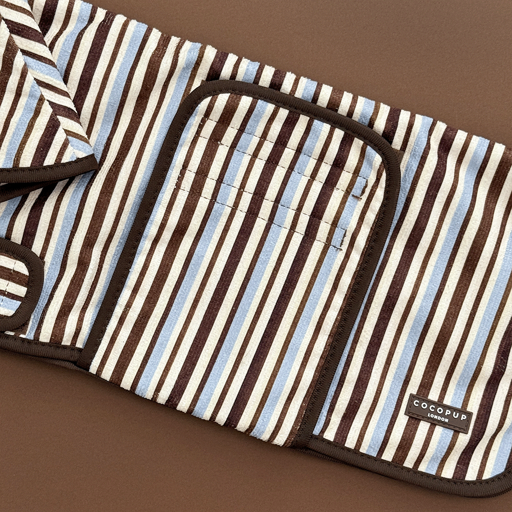 Brown, blue and white striped Dog Robe with velcro fastenings and hood.