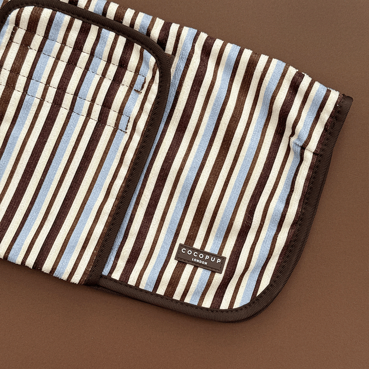 Brown, blue and white striped Dog Robe with velcro fastenings and hood.