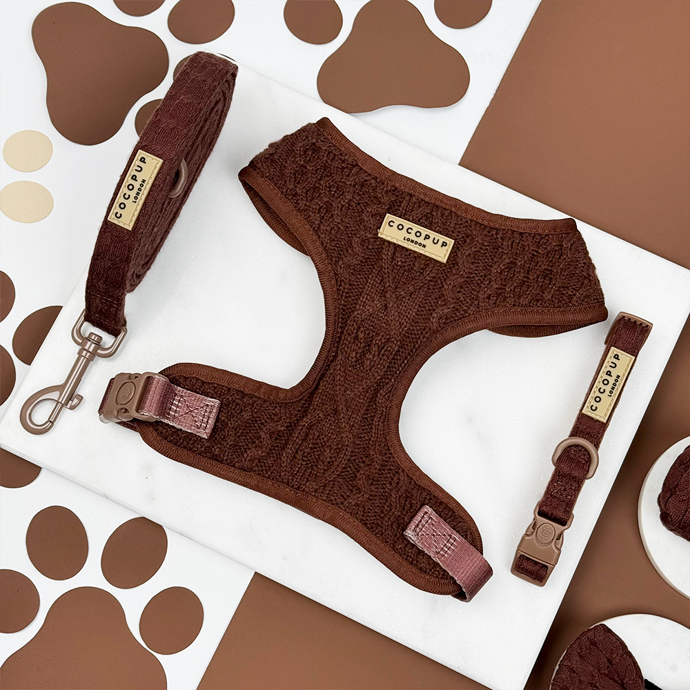 Hot Coco Cable Knit Adjustable Neck Harness, Lead & Collar Bundle