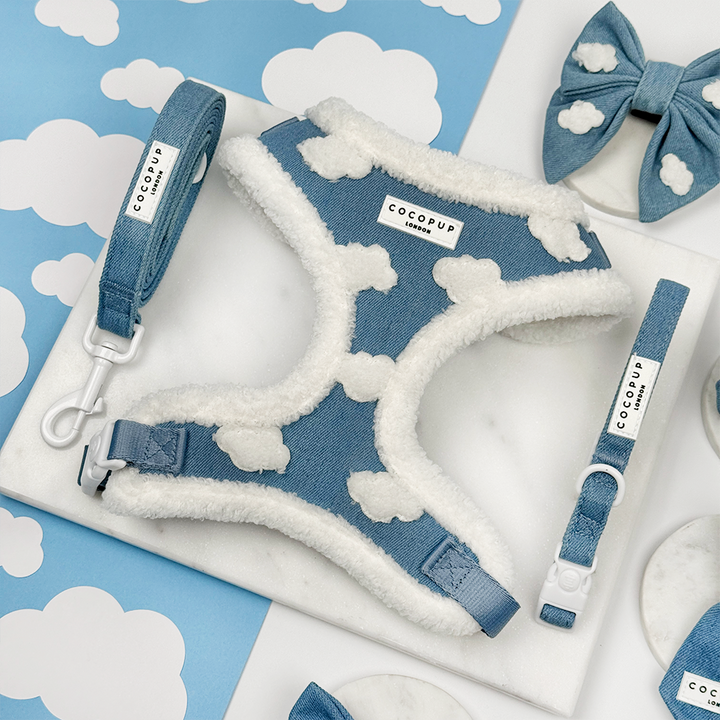 Dog harness, lead, and bow tie set with cloud pattern on a blue and white background