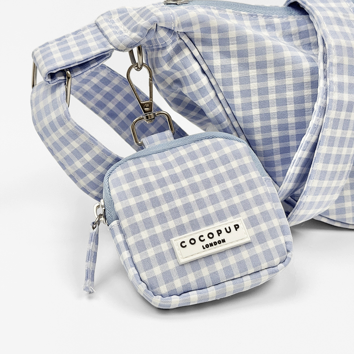 Blue and white gingham check print treat pouch for dog treats. 