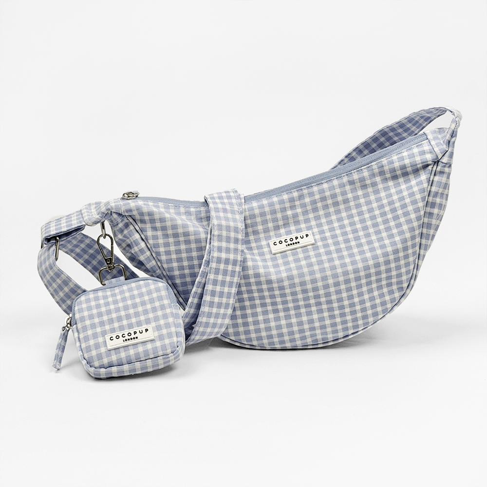 Blue and white gingham check print bag with matching strap and treat pouch for dog treats. 