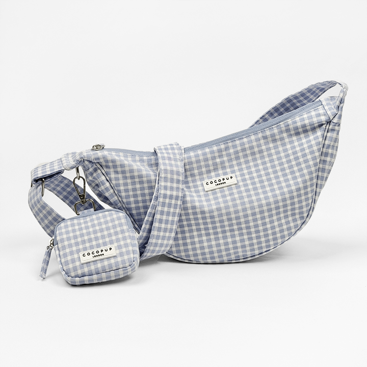 Blue and white gingham check print bag with matching strap and treat pouch for dog treats. 