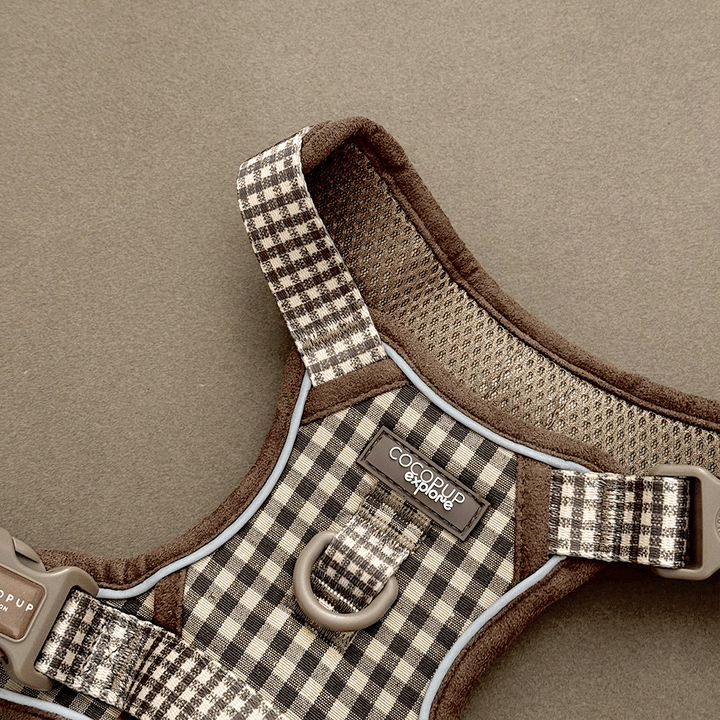 Check design dog Harness in neutral brown shades, with Cocopup branding.