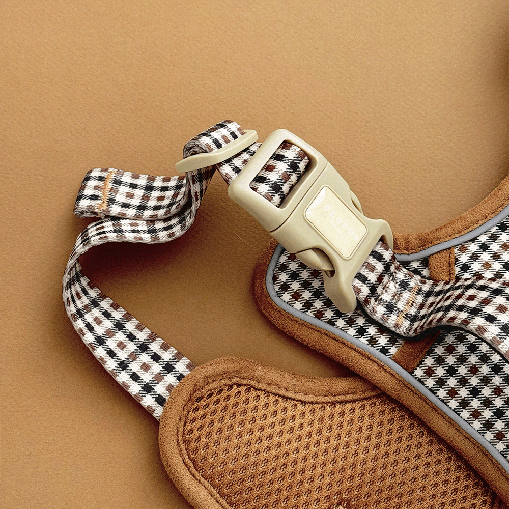 Plaid design dog Harness set in neutral brown shades, with Cocopup branding.