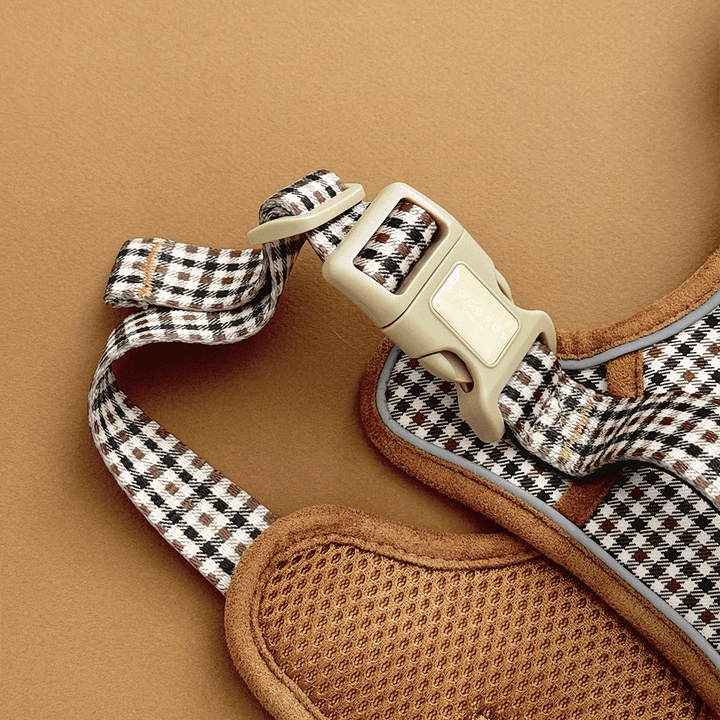 Plaid design dog Harness set in neutral brown shades, with Cocopup branding.