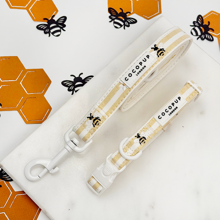 Pale yellow and white striped Dog Collar & Lead with bee and honeycomb embroidered decals. 