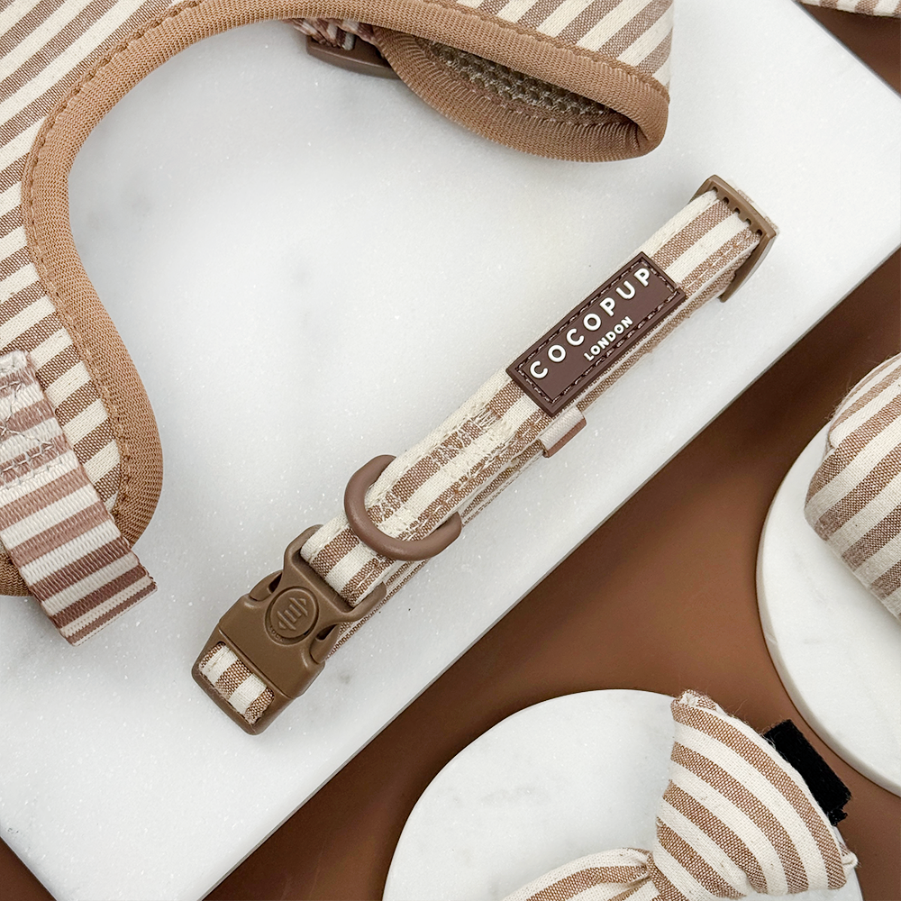 Brown and beige striped dog collar with Cocopup logo.