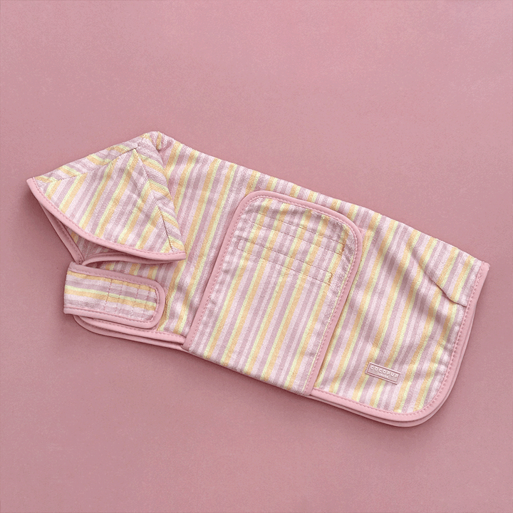 Pink, yellow and orange striped Dog Robe with velcro fastenings and hood.