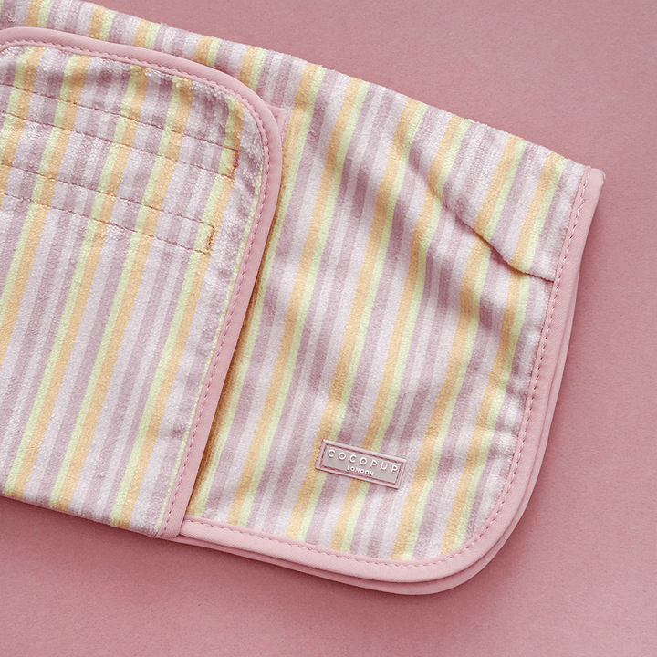 Pink, yellow and orange striped Dog Robe with velcro fastenings and hood.
