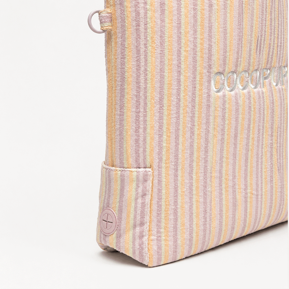 Pink, yellow and orange striped Tote Bag with poop bag dispenser and D-Ring on side.