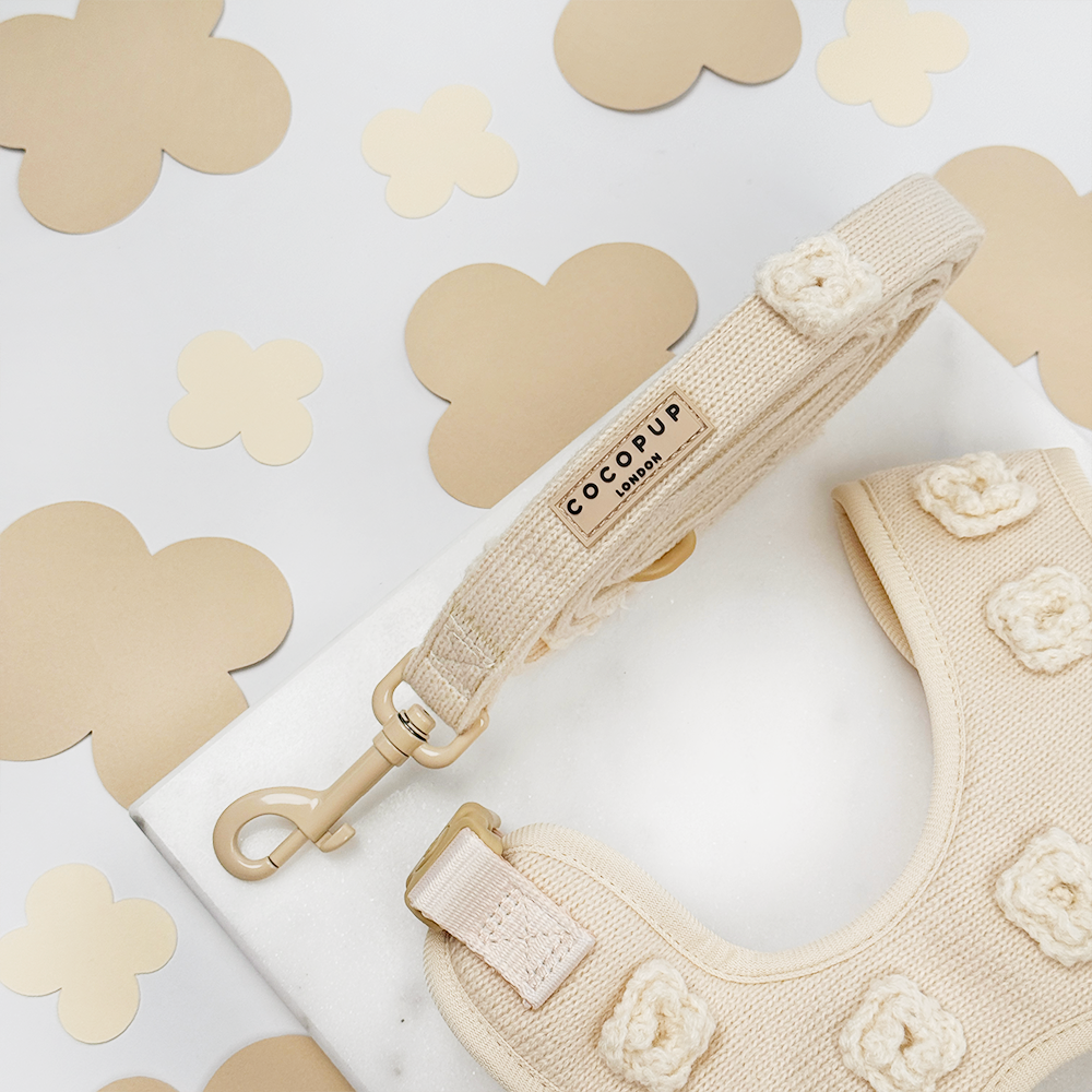Cream knitted Dog Lead with a beige background. The Lead has knitted flowers sewn on. 