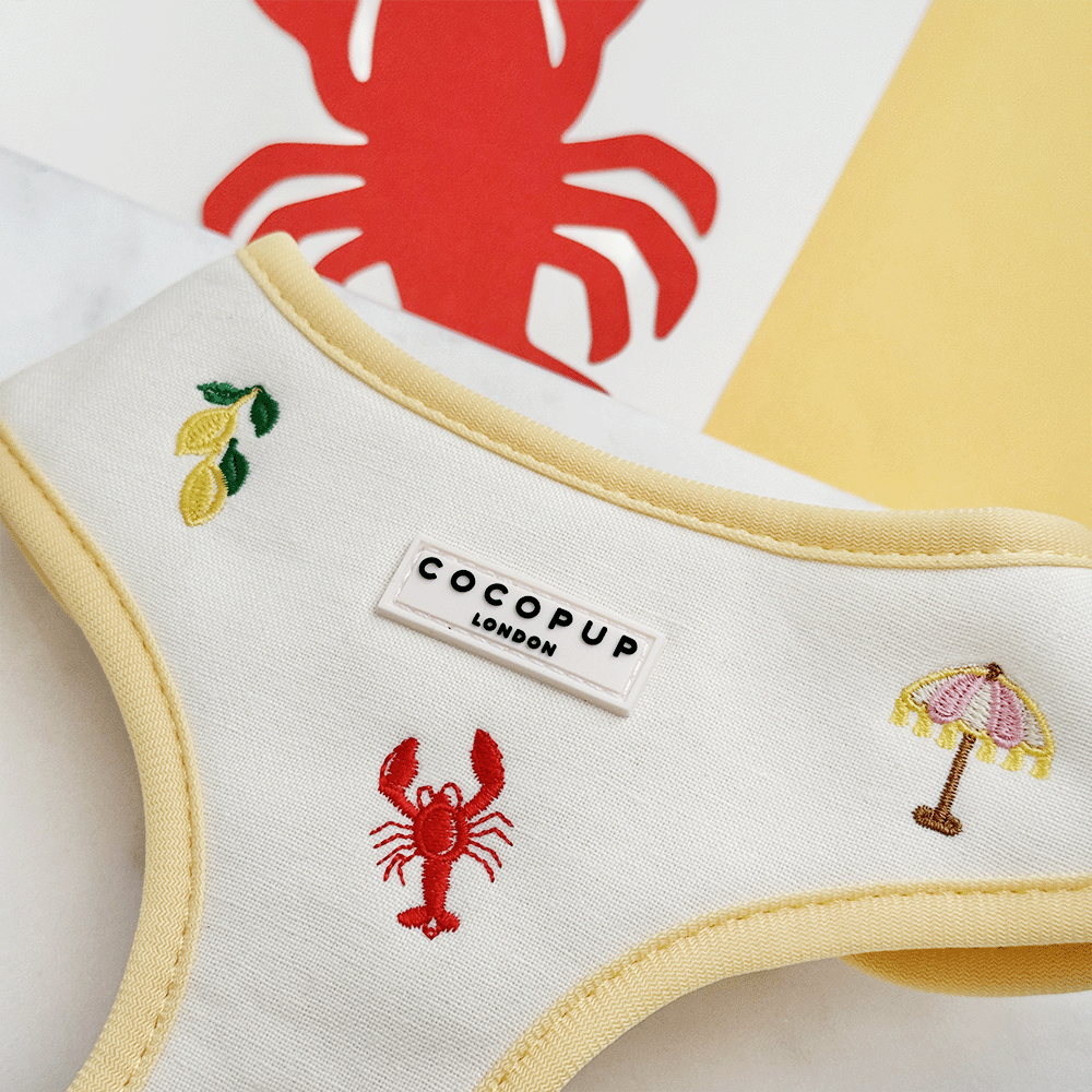 White linen fabric Dog Harness with summer embroidered embellishments and yellow trim.