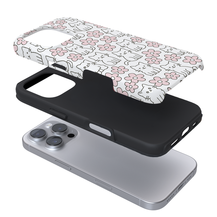 Expanded phone case with cats and pink flowers on a white background