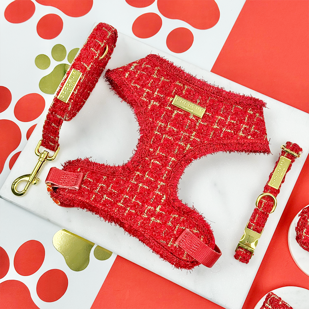 Red Textured Tweed Adjustable Neck Harness, Lead & Collar Bundle