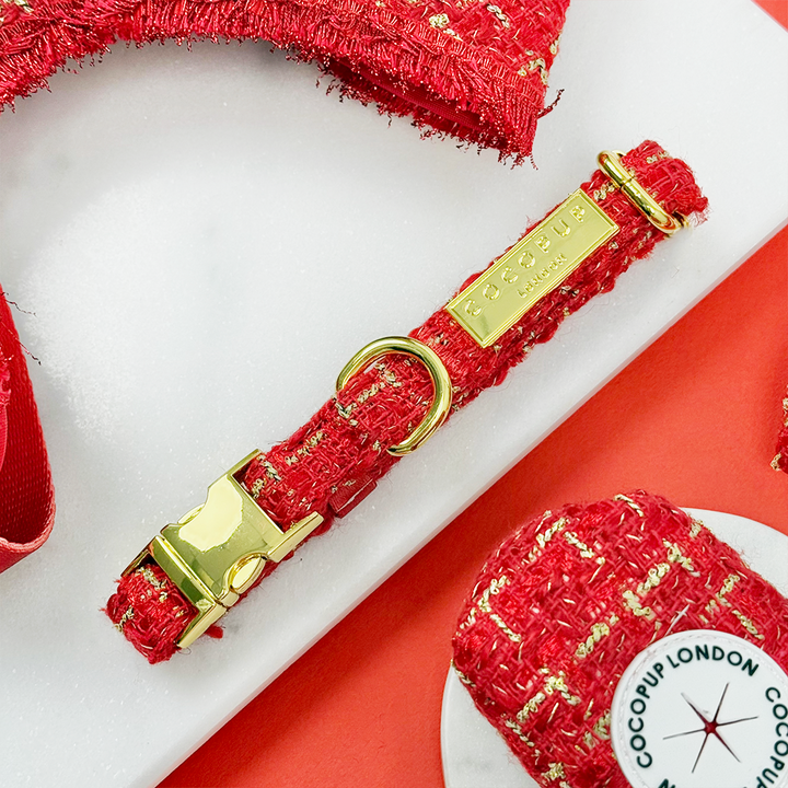 Red Textured Tweed Adjustable Neck Harness, Lead & Collar Bundle