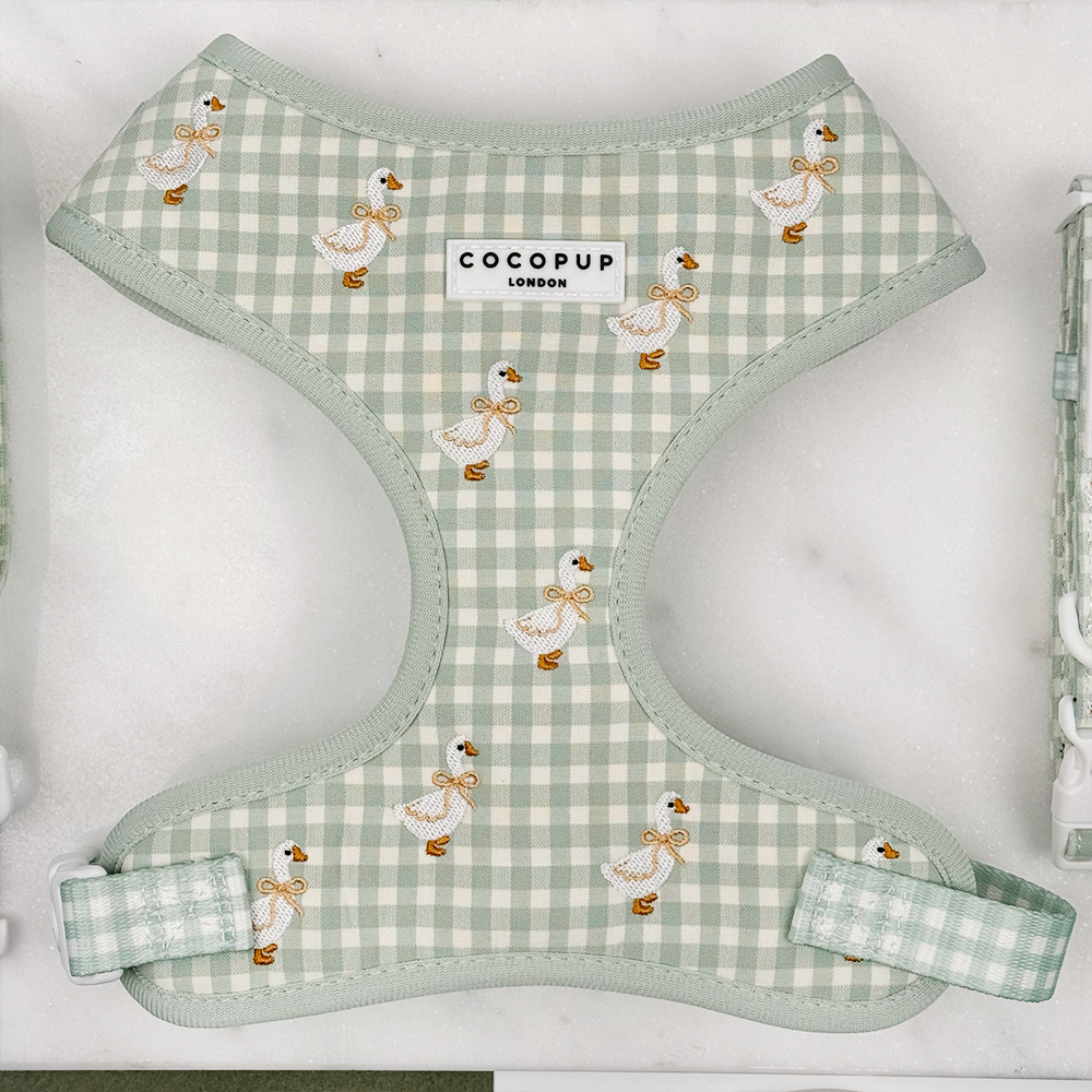 Green and white check print dog harness with embroidered geese design.