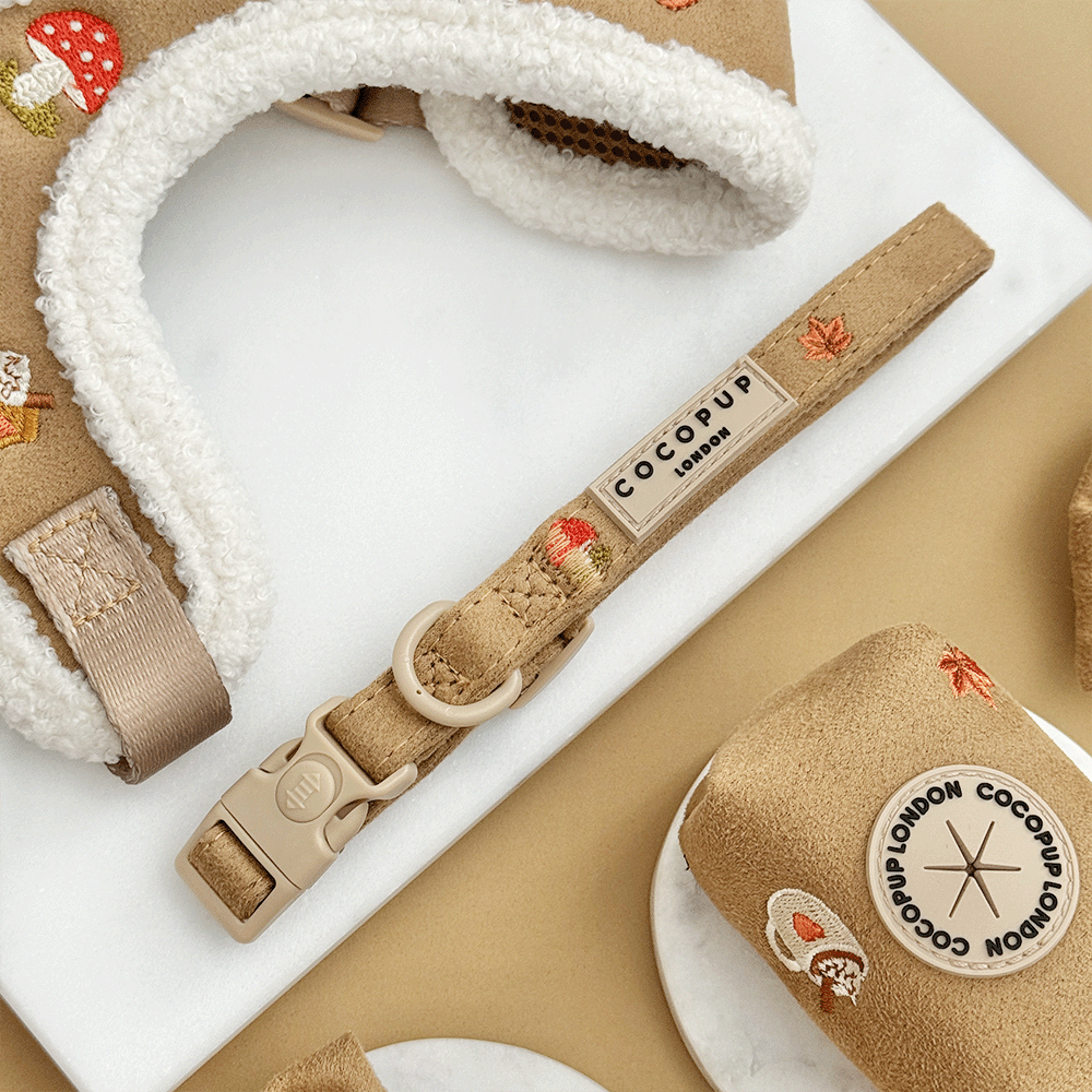 Brown dog collar with autumnal-themed embroidery of pumpkins, leaves, a coffee cup, and mushrooms.