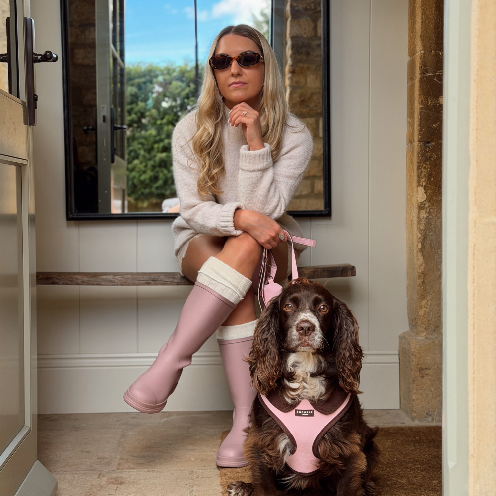 A woman wearing pink rain boots and sunglasses sits on a bench next to a brown dog wearing a pink harness. The woman holds a pink leash, and the scene is set in a stone and wood entryway.