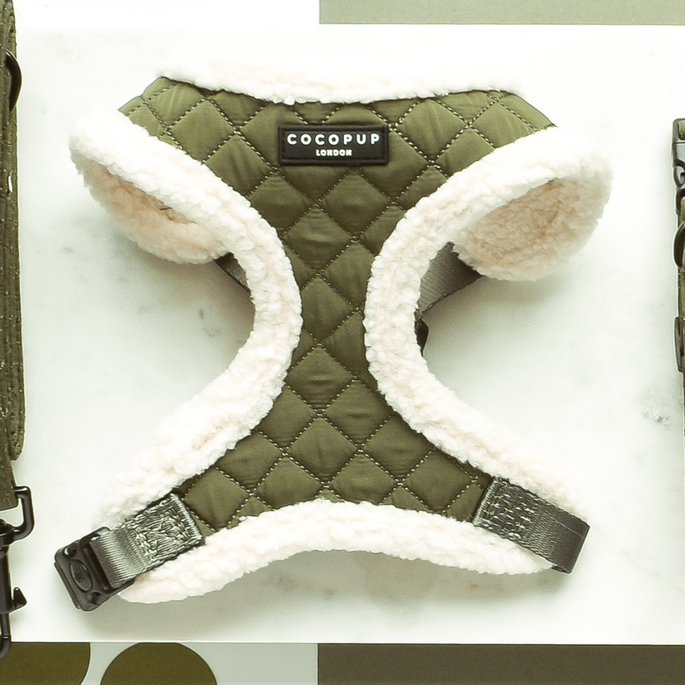 Olive quilted dog harness with white fleece lining from COCO PUP London.