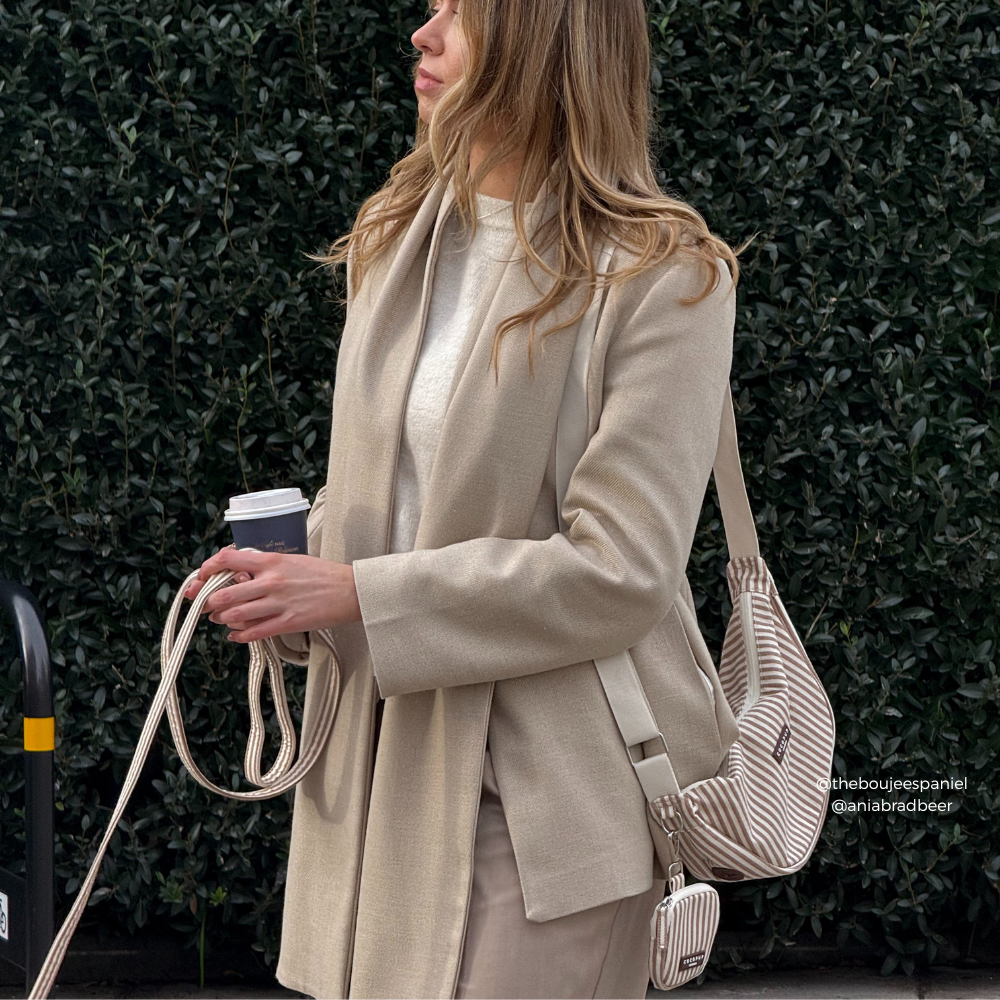 Crossbody Crescent Dog Walking Bag - London Linen Stripes