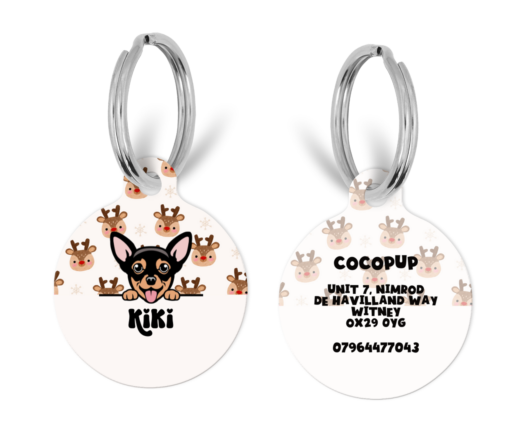 Personalised Dog Cartoon ID Tag Ralphie Reindeer Cocopup London